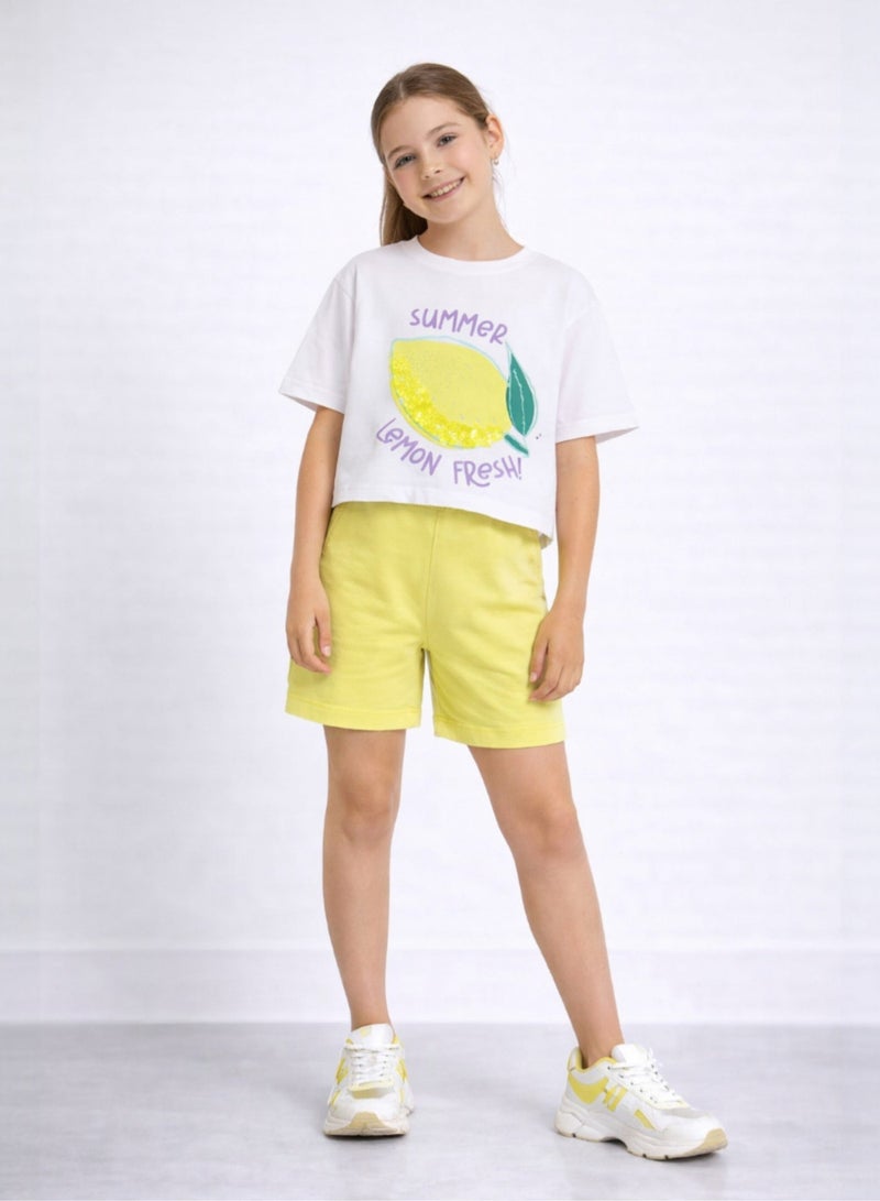 victor and jane Girls 2 Pc Set Lemon Print Sequin Top & Shorts Set – White & Yellow - Image 4